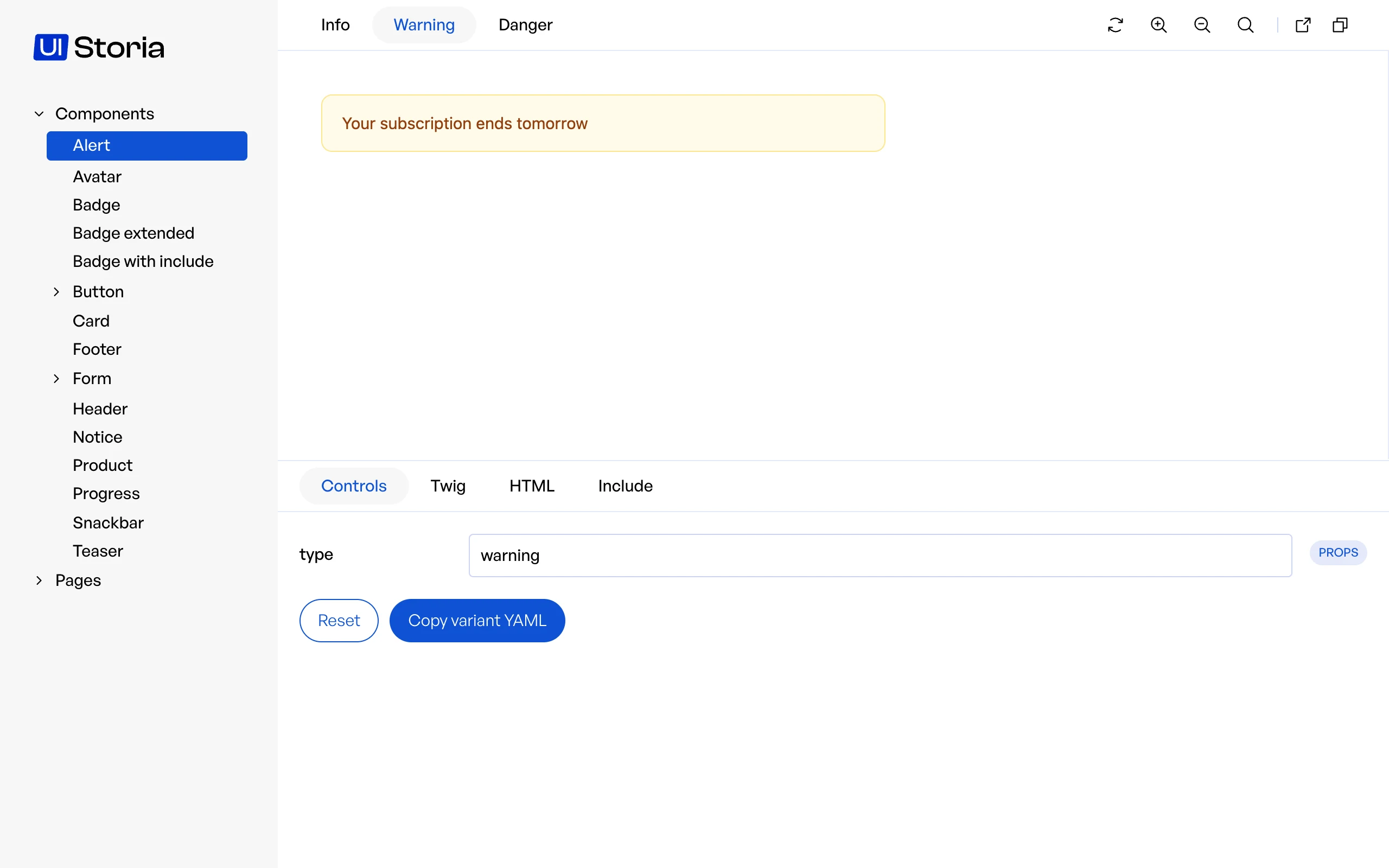 The Alert component in UI Storia, with its three variants as tabs and its Controls tab