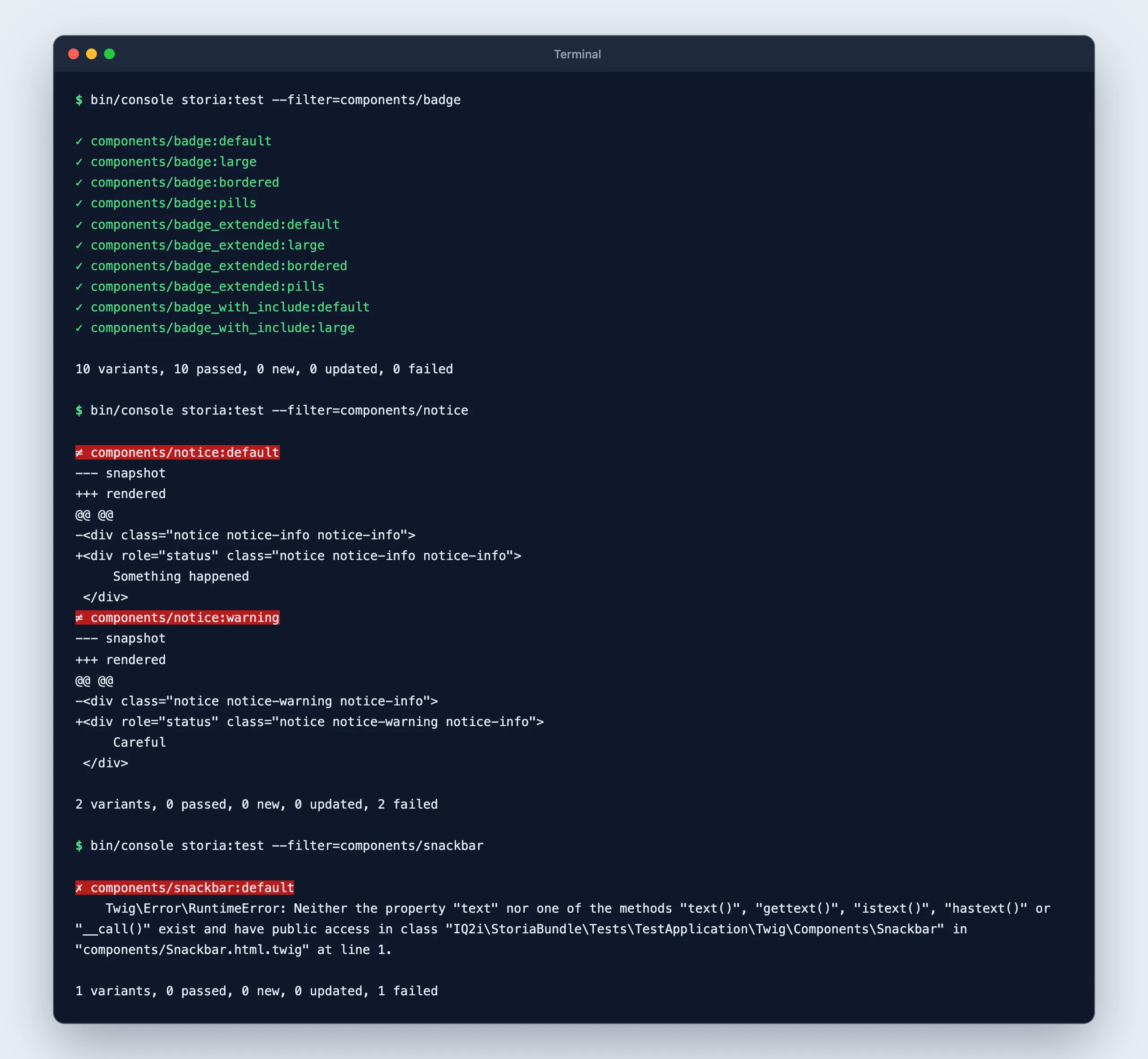 storia:test on a passing run, a changed snapshot with its diff and a variant that fails to render