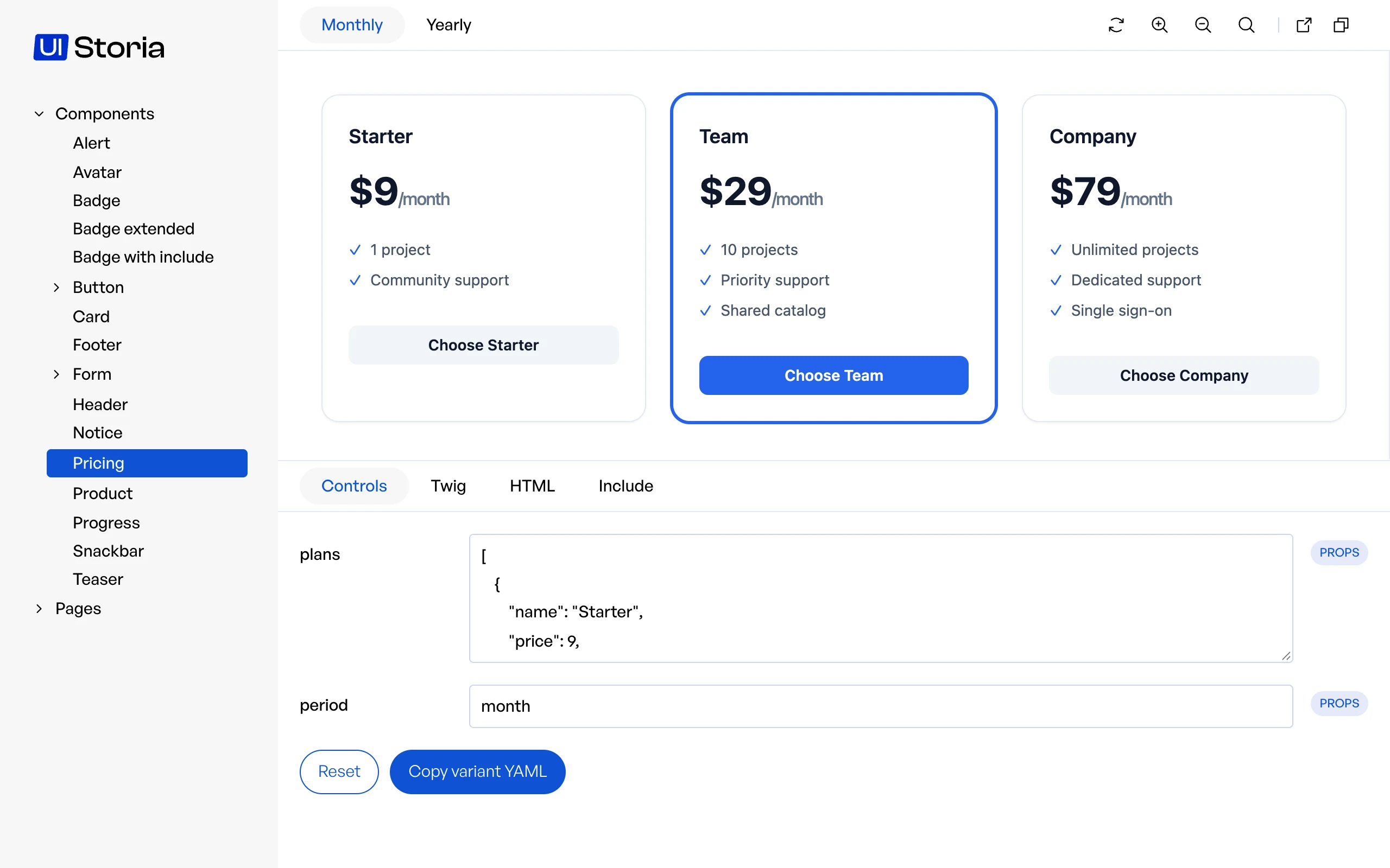 The UI Storia interface: sidebar, variants, preview and code tabs